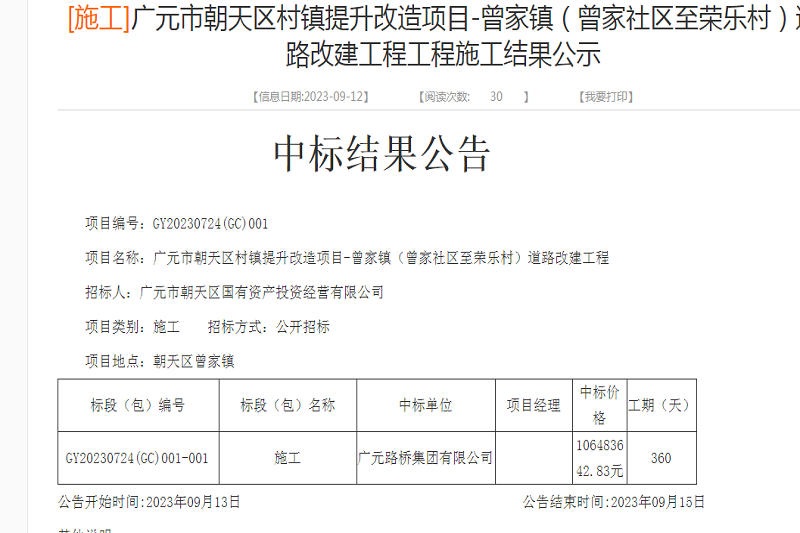 喜报:路桥集团中标广元市朝天区村镇提升改造项目-曾家镇(曾家社区至荣乐村)道路改建工程